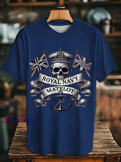 Unisex Vintage Royal Navy Matelot Skull Print Casual Tee Navy Blue / S