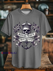 Unisex Vintage Royal Navy Matelot Skull Print Casual Tee Gray / S