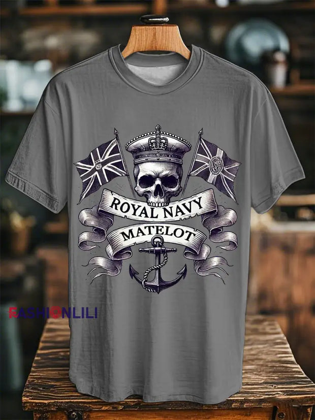Unisex Vintage Royal Navy Matelot Skull Print Casual Tee Gray / S