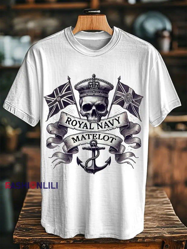 Unisex Vintage Royal Navy Matelot Skull Print Casual Tee White / S