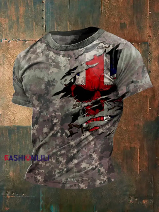 Unisex Vintage Veteran Camouflage Skull UK Flag Abstract Print Casual Cotton Short Sleeve T-Shirt Green / S
