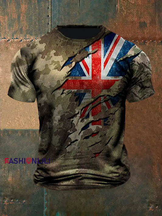 Unisex Vintage Veterans Camouflage British Flag Abstract Print Casual Cotton Short Sleeve T-Shirt Green / S