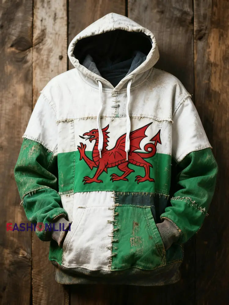 Unisex Welsh flag and patchwork style Printed Oversized Drop-Shoulder Hoodie with Pockets As picture / S