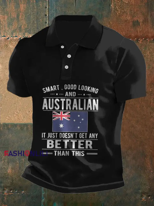 Vintage Australian Flag Badge Slogan Printed Casual Cotton Short Sleeve Polo Shirt Black / S