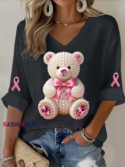 Vintage Breast Cancer Bear Pearls Abstract Print Casual Cotton Long Sleeve T-Shirt Black / S