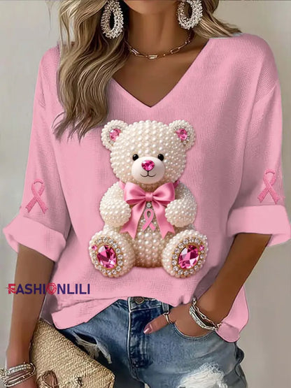 Vintage Breast Cancer Bear Pearls Abstract Print Casual Cotton Long Sleeve T-Shirt Dark Pink / S