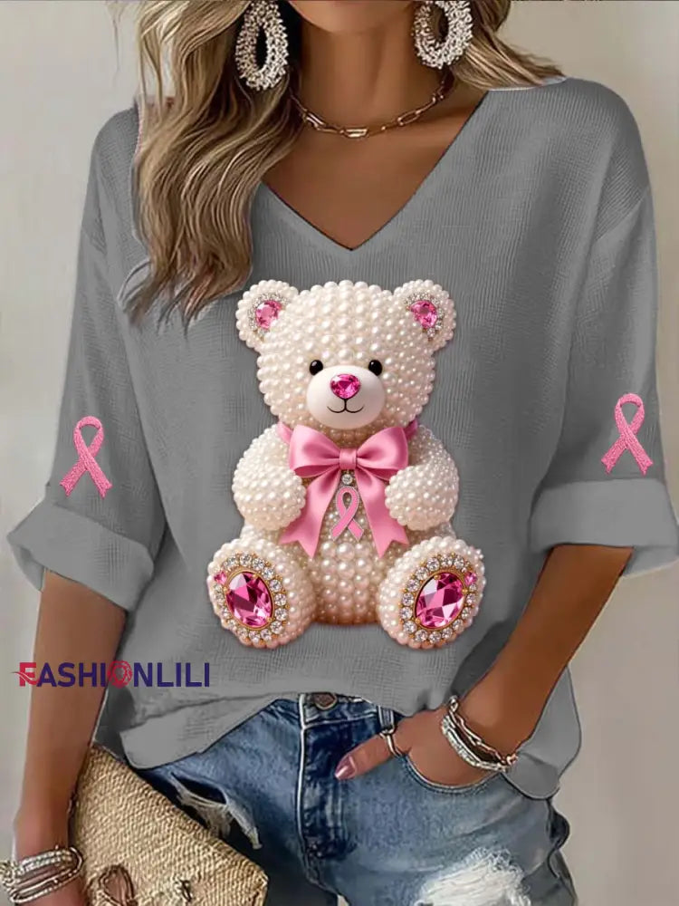 Vintage Breast Cancer Bear Pearls Abstract Print Casual Cotton Long Sleeve T-Shirt Gray / S