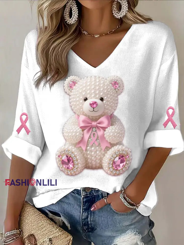 Vintage Breast Cancer Bear Pearls Abstract Print Casual Cotton Long Sleeve T-Shirt Pink / S