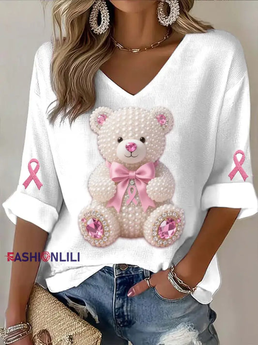 Vintage Breast Cancer Bear Pearls Abstract Print Casual Cotton Long Sleeve T-Shirt Pink / S