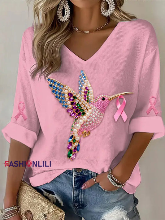 Vintage Breast Cancer Hummingbird Colorful Pearls Abstract Print Casual Cotton Long Sleeve T Shirt Pink / S