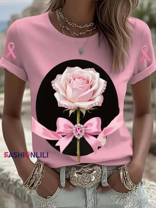Vintage Breast Cancer Rose Floral Pearls Print Casual Cotton Short Sleeve T Shirt Pink / S