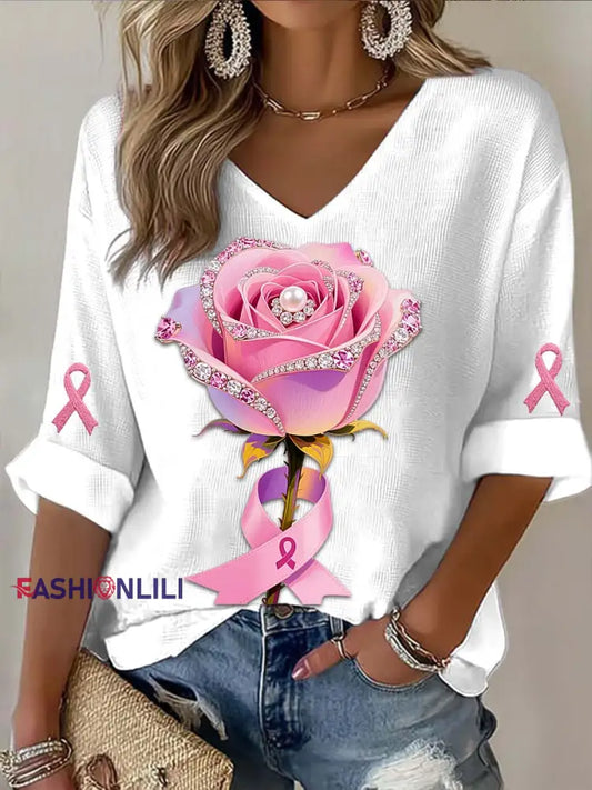 Vintage Rose Pearl Breast Cancer Print Casual Cotton Long Sleeve T Shirt White / S