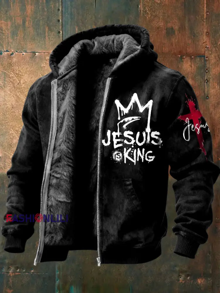 Vintage-Washed Jesus Is King Fleece-Lined Hooded Zip-Up Jacket Black / S
