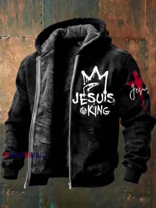 Vintage-Washed Jesus Is King Fleece-Lined Hooded Zip-Up Jacket Black / S