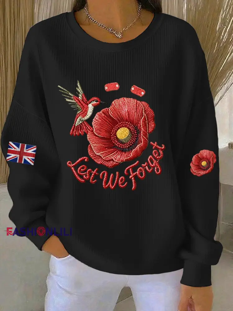 Women’s 11th November Remembrance Day LEST WE’S FORGET Poppy Remembrance Ribbed Round-Neck Sweatshirt Black / S