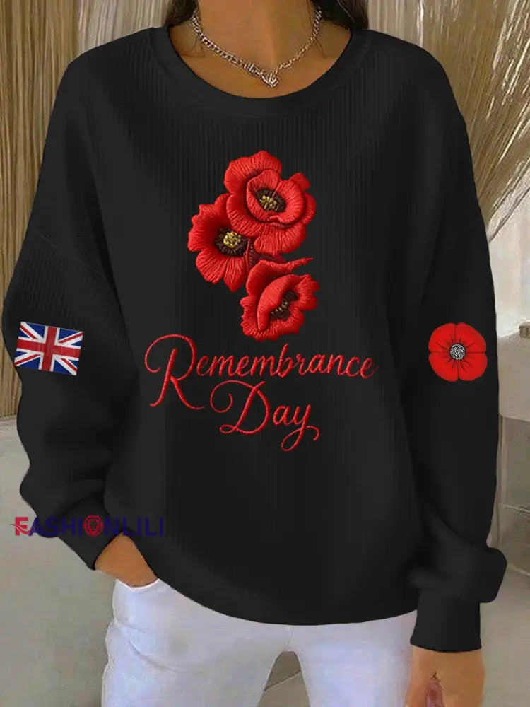 Women’s 11th November Remembrance Day LEST WE’S FORGET Poppy Remembrance Ribbed Round-Neck Sweatshirt Black / S