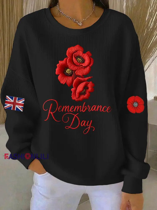 Women’s 11th November Remembrance Day LEST WE’S FORGET Poppy Remembrance Ribbed Round-Neck Sweatshirt Black / S