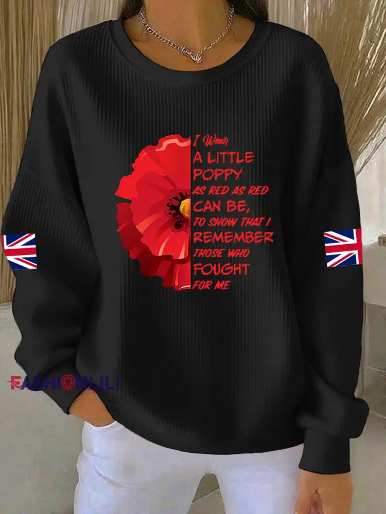 Women’s 11th November Remembrance Day LEST WE’S FORGET Poppy Remembrance Ribbed Round-Neck Sweatshirt Black / S