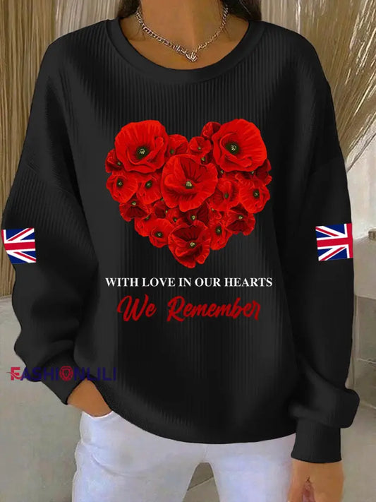 Women’s 11th November Remembrance Day LEST WE’S FORGET Poppy Remembrance Ribbed Round-Neck Sweatshirt Black / S