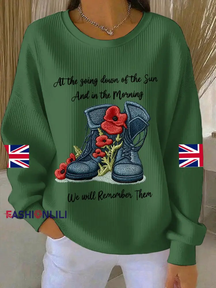 Women’s 11th November Remembrance Day LEST WE’S FORGET Poppy Remembrance Ribbed Round-Neck Sweatshirt Green / S