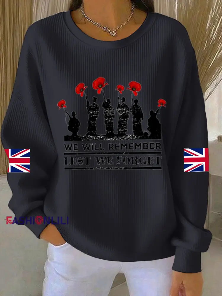 Women’s 11th November Remembrance Day LEST WE’S FORGET Poppy Remembrance Ribbed Round-Neck Sweatshirt Navy Blue / S