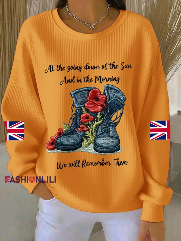 Women’s 11th November Remembrance Day LEST WE’S FORGET Poppy Remembrance Ribbed Round-Neck Sweatshirt Orange / S