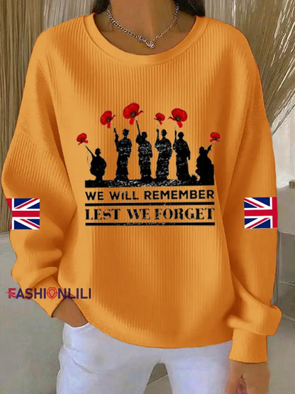 Women’s 11th November Remembrance Day LEST WE’S FORGET Poppy Remembrance Ribbed Round-Neck Sweatshirt Orange / S
