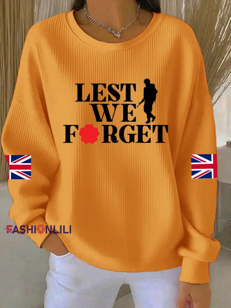 Women’s 11th November Remembrance Day LEST WE’S FORGET Poppy Remembrance Ribbed Round-Neck Sweatshirt Orange / S