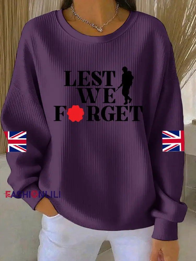 Women’s 11th November Remembrance Day LEST WE’S FORGET Poppy Remembrance Ribbed Round-Neck Sweatshirt Purple / S