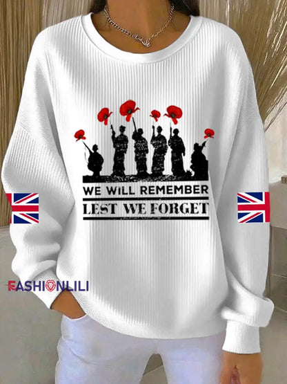 Women’s 11th November Remembrance Day LEST WE’S FORGET Poppy Remembrance Ribbed Round-Neck Sweatshirt White / S