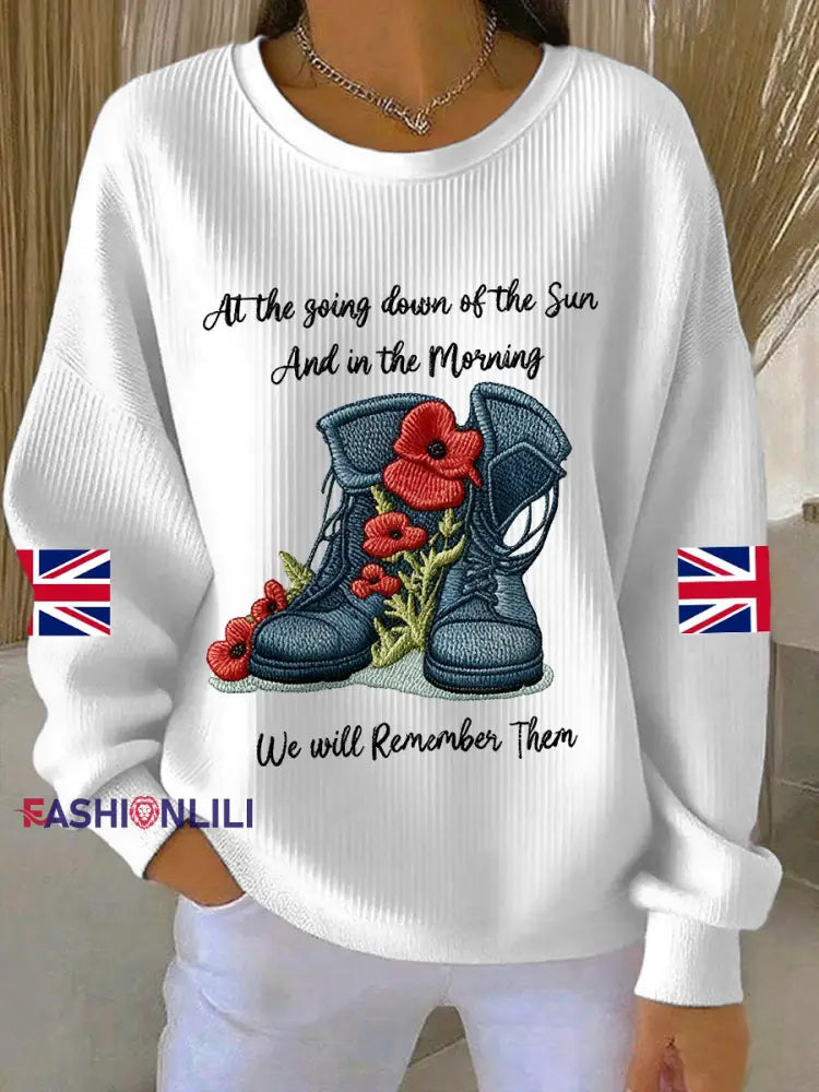 Women’s 11th November Remembrance Day LEST WE’S FORGET Poppy Remembrance Ribbed Round-Neck Sweatshirt White / S