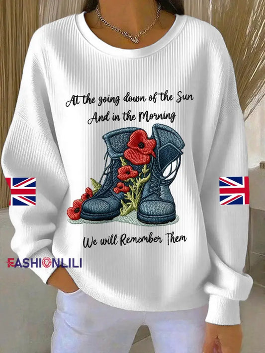 Women’s 11th November Remembrance Day LEST WE’S FORGET Poppy Remembrance Ribbed Round-Neck Sweatshirt White / S