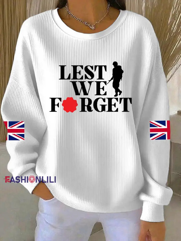 Women’s 11th November Remembrance Day LEST WE’S FORGET Poppy Remembrance Ribbed Round-Neck Sweatshirt White / S