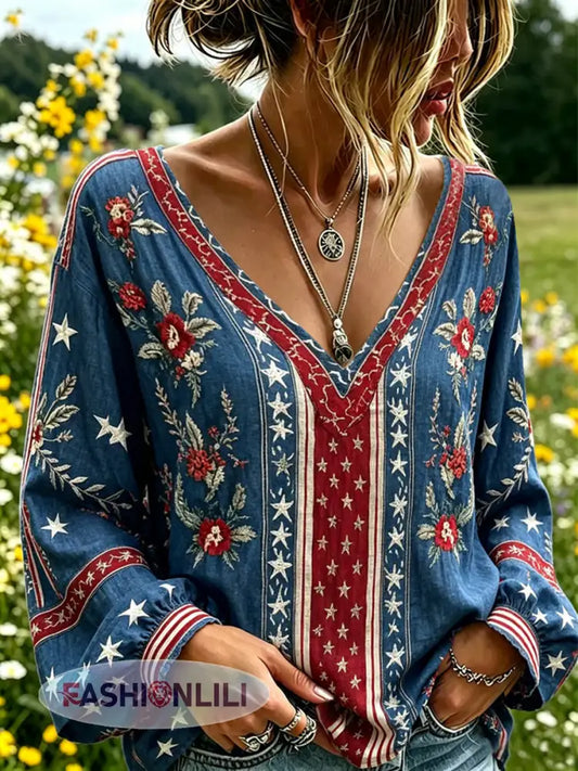 Women’s 250th Anniversary Freedom Flower Art Print linen T-shirt - As picture / S