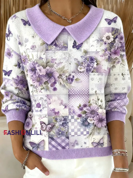 Women’s Alzheimer’s Awareness Purple Floral Patchwork Casual Top As picture / S