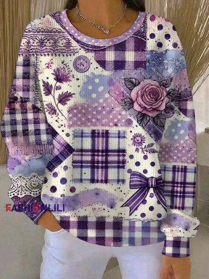 Women’s Alzheimer’s Awareness Purple Floral Patchwork Ribbed Round-Neck Sweatshirt As picture / S