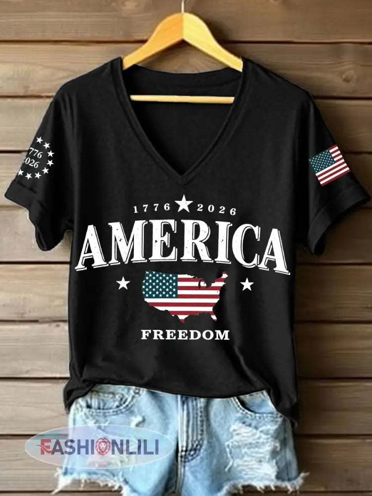 Women’s America 1776-2026 V-Neck T-Shirt - Black / S