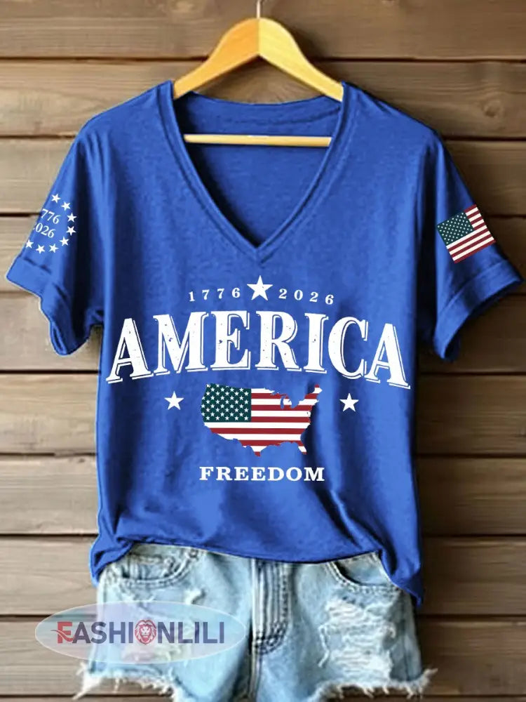 Women’s America 1776-2026 V-Neck T-Shirt - Blue / S