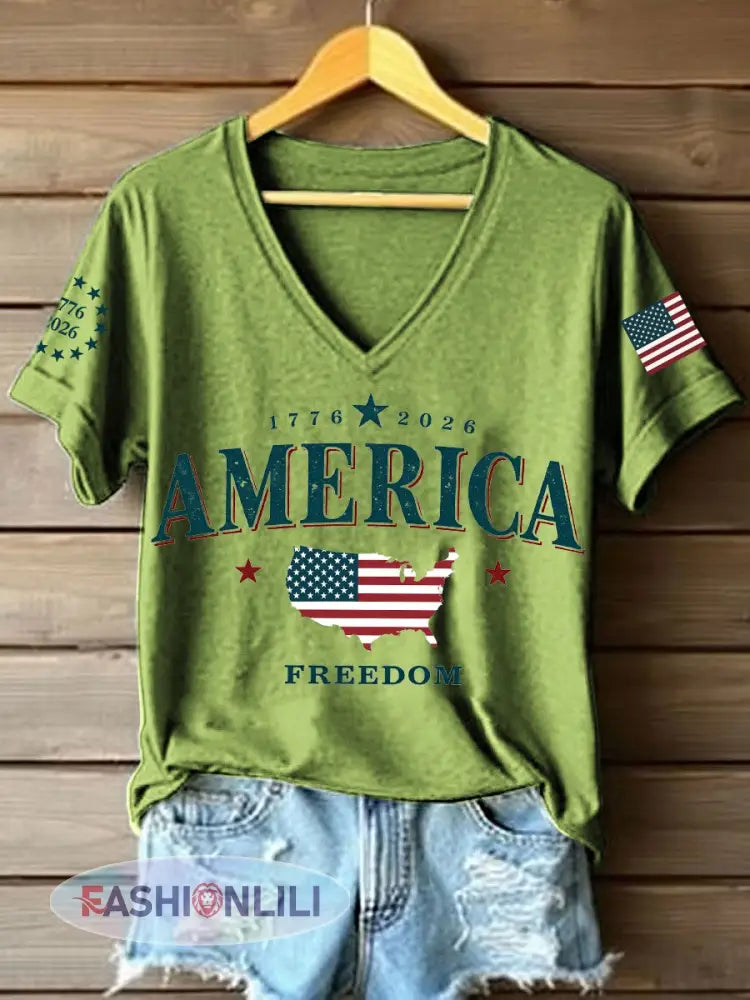 Women’s America 1776-2026 V-Neck T-Shirt - Green / S