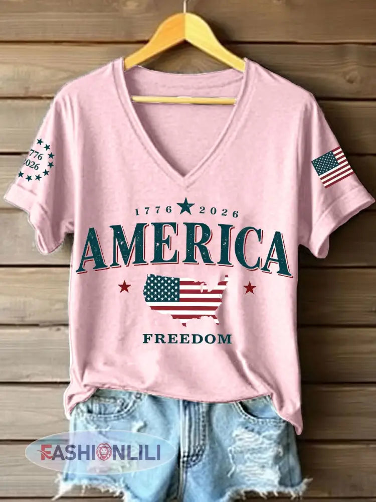 Women’s America 1776-2026 V-Neck T-Shirt - Pink / S