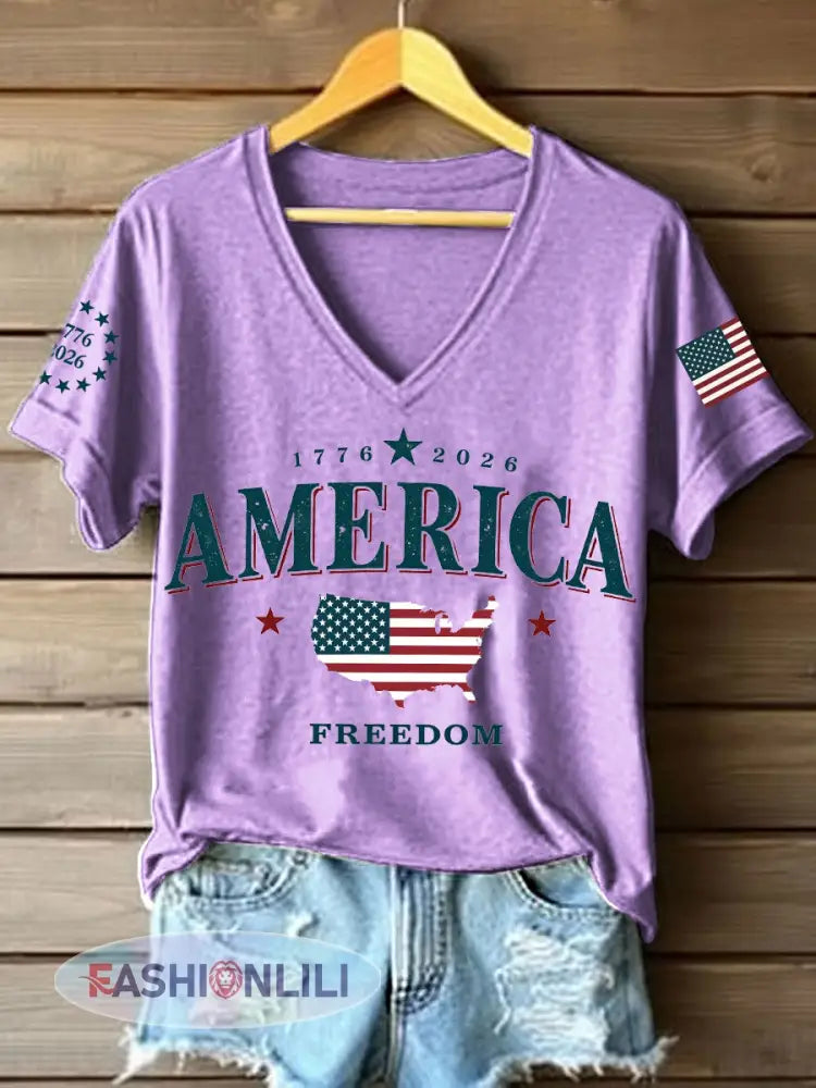 Women’s America 1776-2026 V-Neck T-Shirt - Purple / S