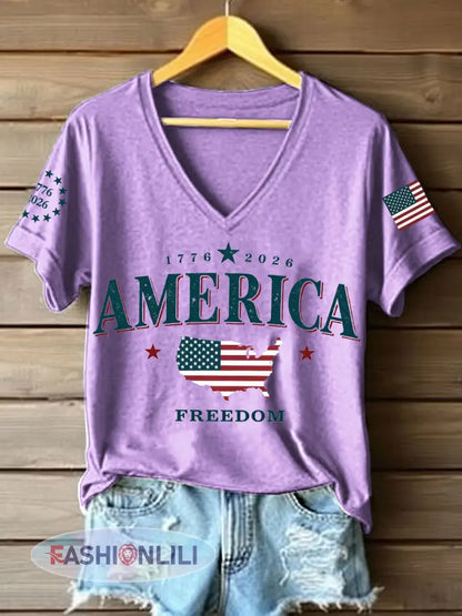 Women’s America 1776-2026 V-Neck T-Shirt - Purple / S