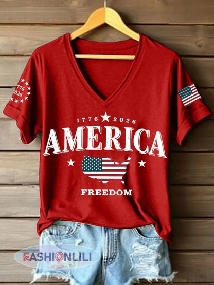 Women’s America 1776-2026 V-Neck T-Shirt - Red / S