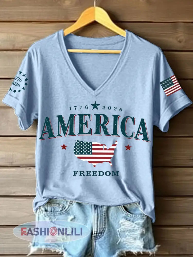 Women’s America 1776-2026 V-Neck T-Shirt - Sky Blue / S