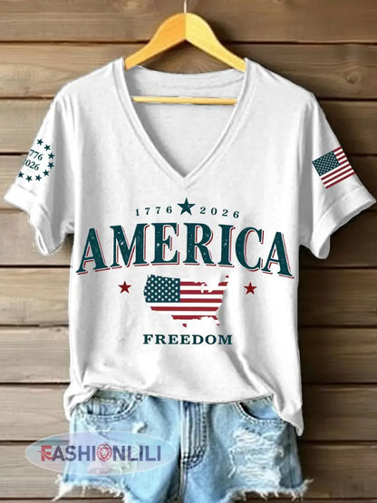 Women’s America 1776-2026 V-Neck T-Shirt - White / S