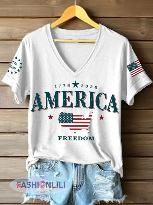 Women’s America 1776-2026 V-Neck T-Shirt - White / S