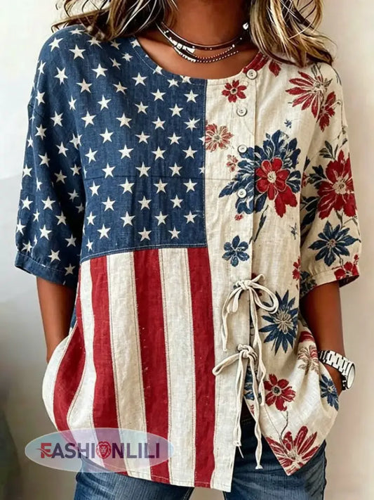 Women’s America Flag Floral Print Cotton-Linen Button-Front Top with Ties - As picture / S