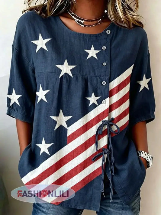 Women’s America Flag Print Cotton-Linen Button-Front Top with Ties - As picture / S