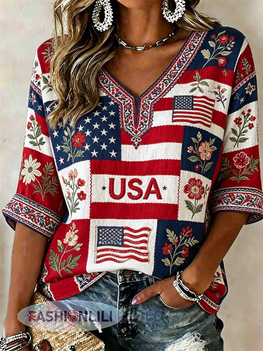 Women’s America Floral Print Casual T-shirt - As picture / S