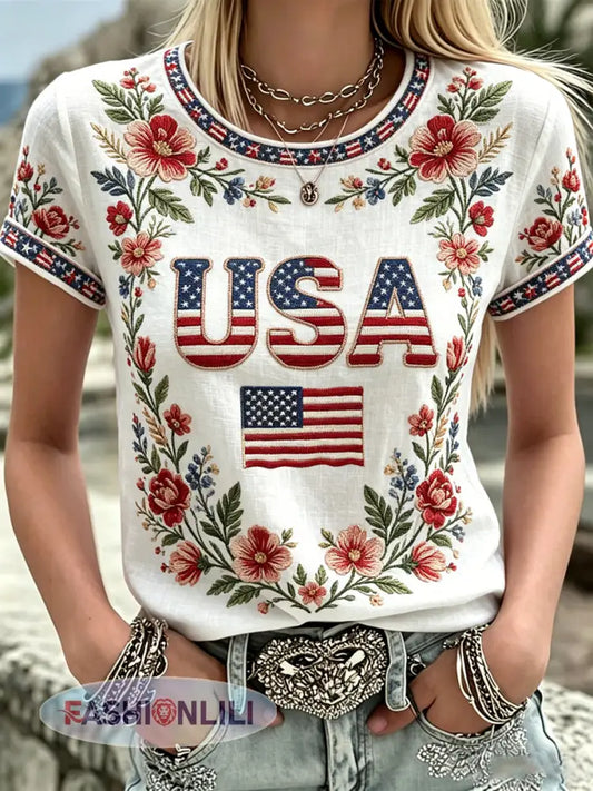 Women’s America Floral Print Casual T-Shirt - As picture / S